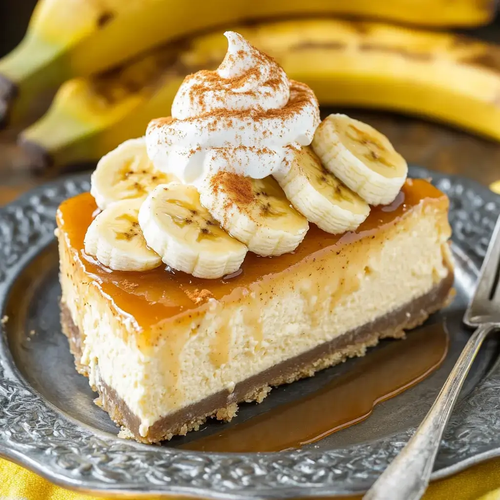 Une part de gâteau crémeux à la banane surmontée de rondelles de bananes, d’un nuage de chantilly et d’une pincée de cannelle, servie sur une belle assiette avec quelques bananes derrière.