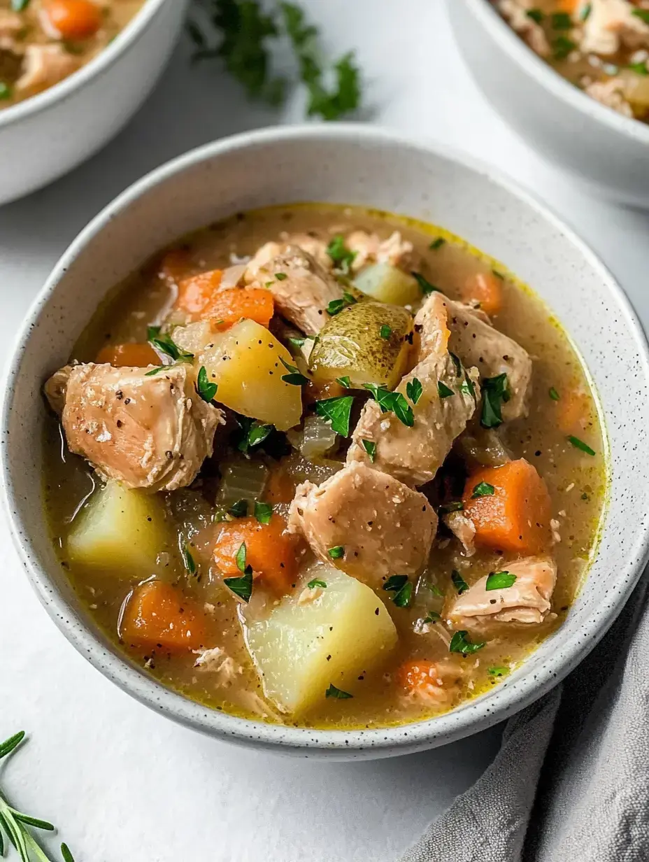 Un bol de soupe poulet-carottes-pommes de terre dans un bon bouillon parfumé aux herbes.