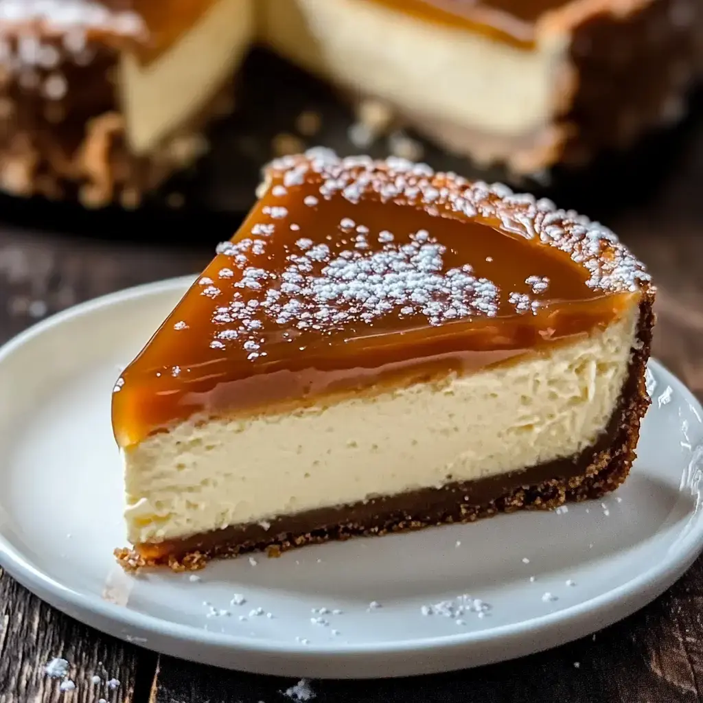 Part de cheesecake caramel sur base de spéculoos, nappée de caramel brillant et saupoudrée de sucre glace, posée sur une assiette blanche.