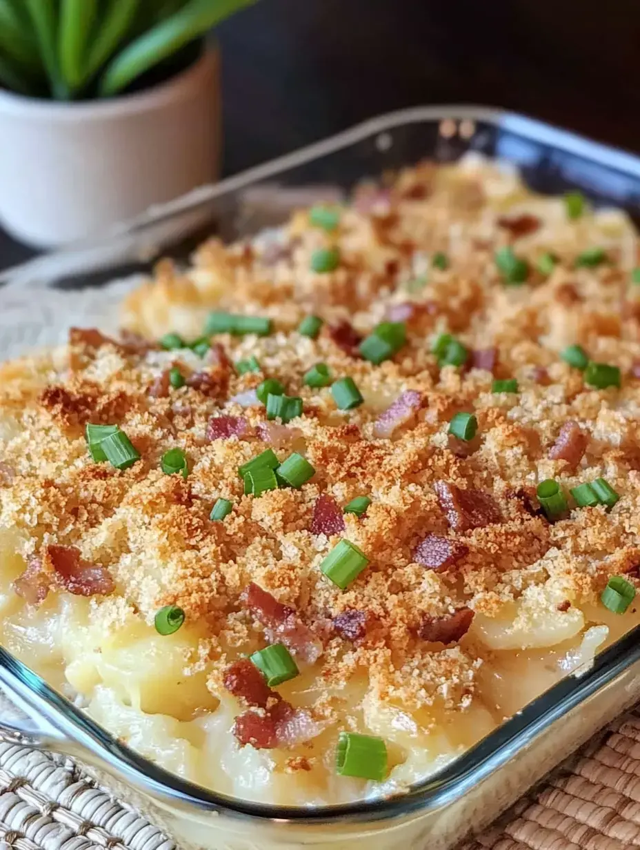Un plat de pâtes crémeuses gratinées avec chapelure dorée, morceaux de bacon et oignons verts, présenté en plat en verre.