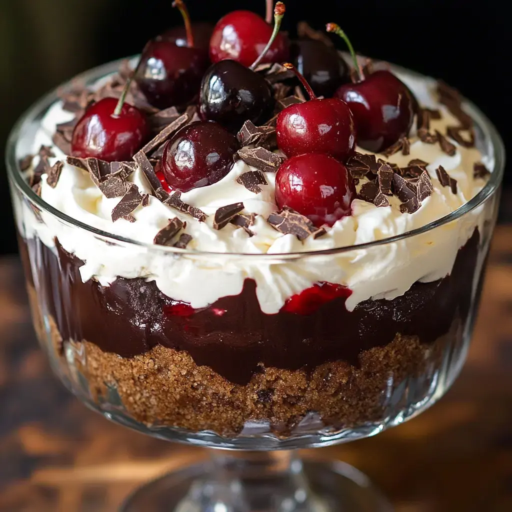 Un dessert superposé dans un saladier en verre avec de la crème fouettée, gâteau au chocolat, biscuits émiettés, cerises fraîches et copeaux de chocolat.