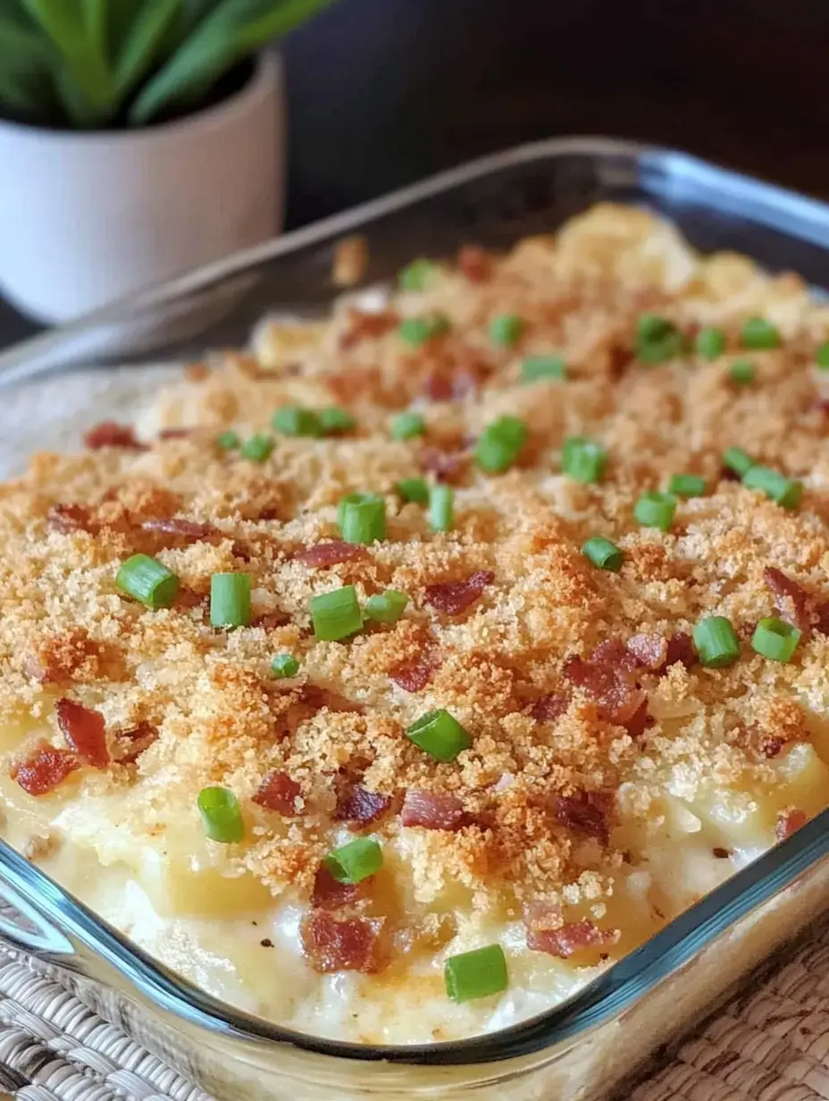 Un plat en verre rempli de pommes de terre crémeuses gratinées, surmontées de bacon grillé et d’oignons verts, posé sur un dessous de plat, à côté d’une petite plante.