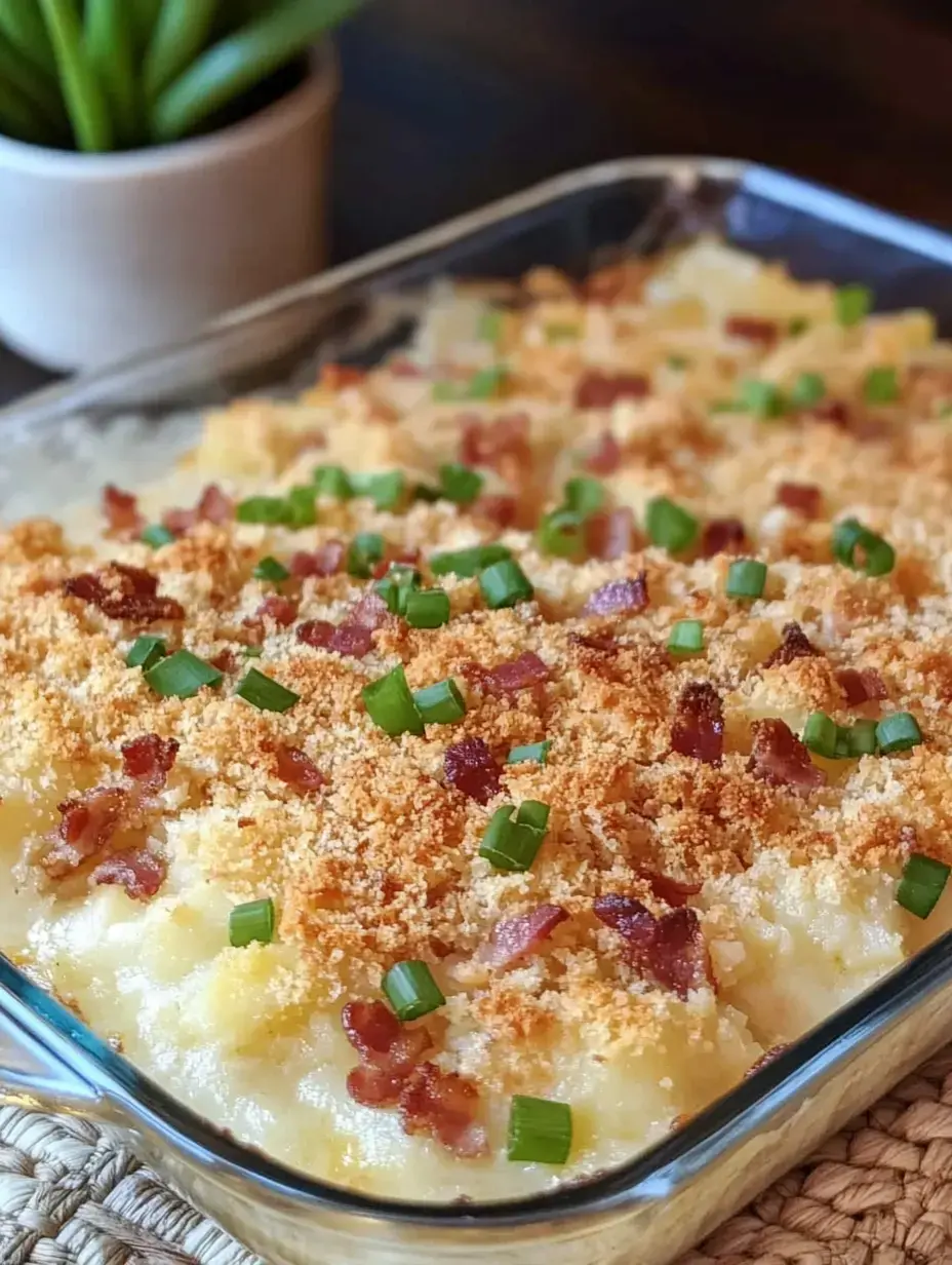 Un plat en verre garni de pommes de terre crémeuses gratinées au bacon et à la chapelure dorée, accompagné d’oignons verts et d’une plante verte en arrière-plan.