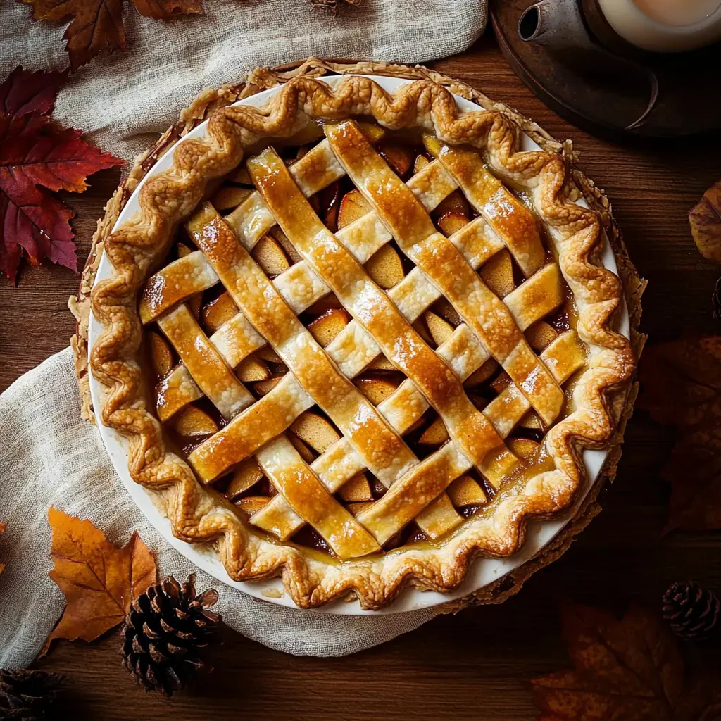 Une tarte aux pommes dorée avec un beau dessus tressé posée sur une table en bois, entourée de feuilles d’automne et de pommes de pin.