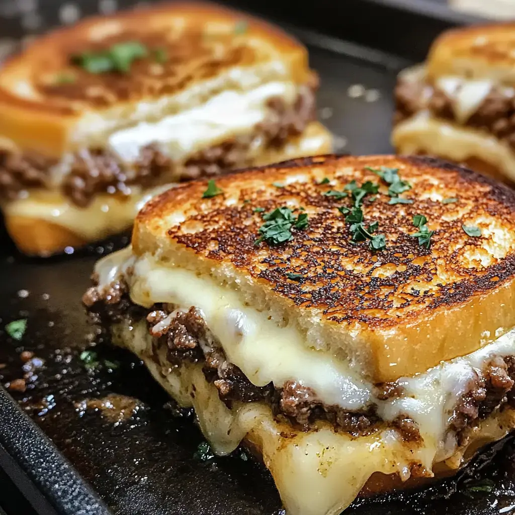 Gros plan d’un sandwich grillé garni de boeuf haché et de fromage fondant, avec des herbes ciselées au-dessus.
