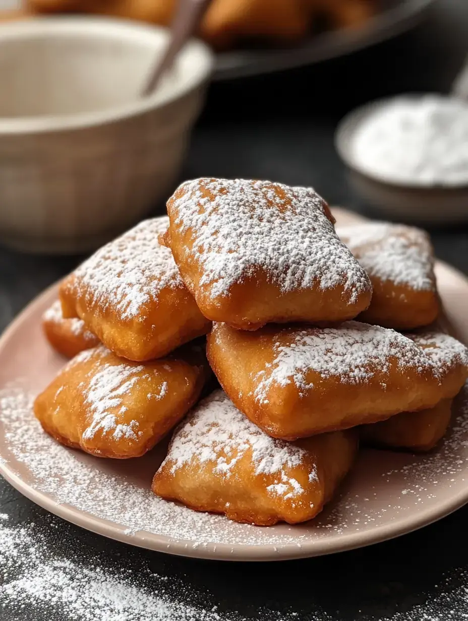 Montagne de beignets dorés saupoudrés de sucre glace sur une assiette rose pâle, en arrière-plan un bol flouté avec d'autres beignets.