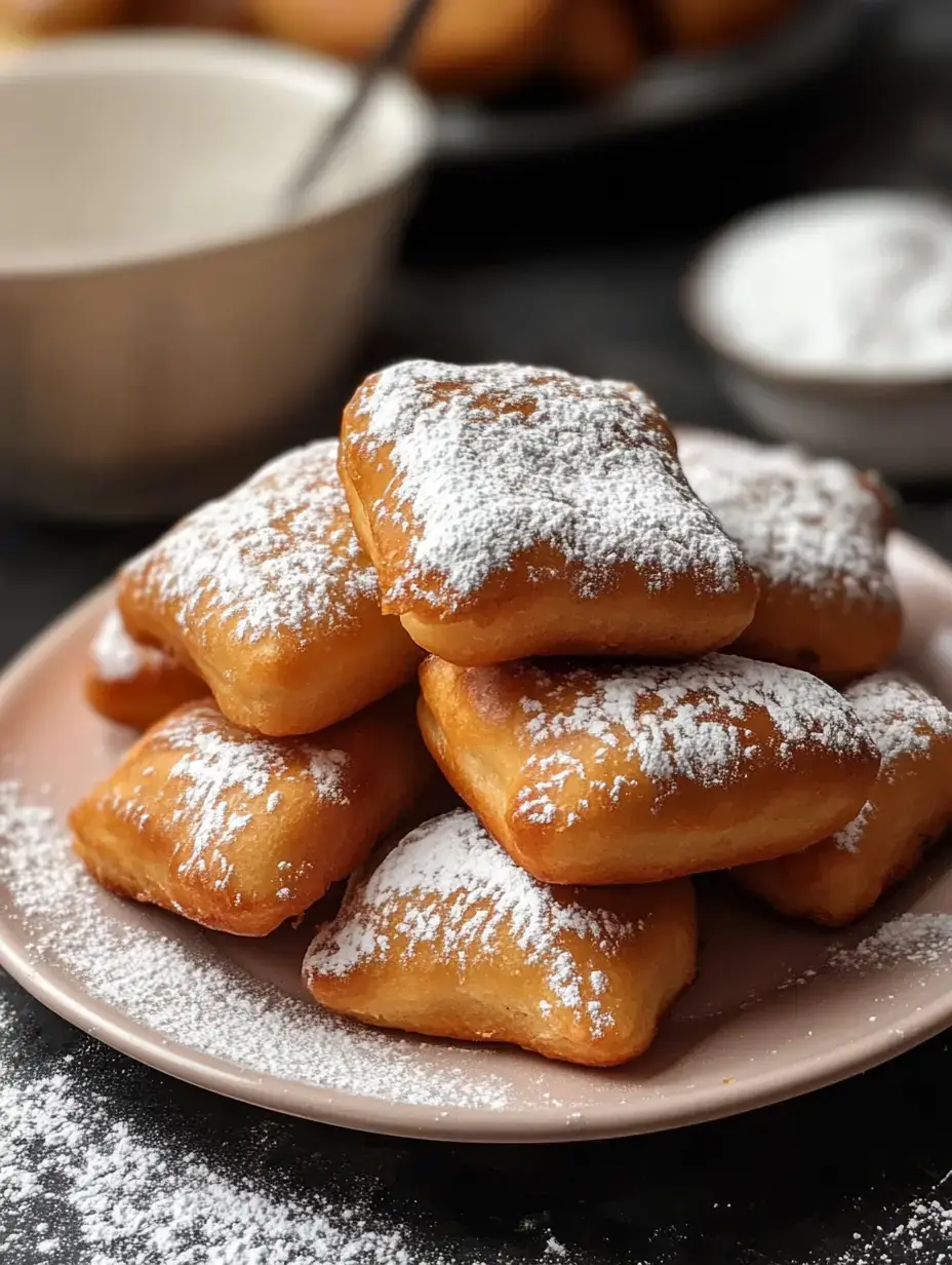 Assiette remplie de beignets dorés et recouverts de sucre glace sur fond sombre, avec du sucre et un bol en arrière-plan.