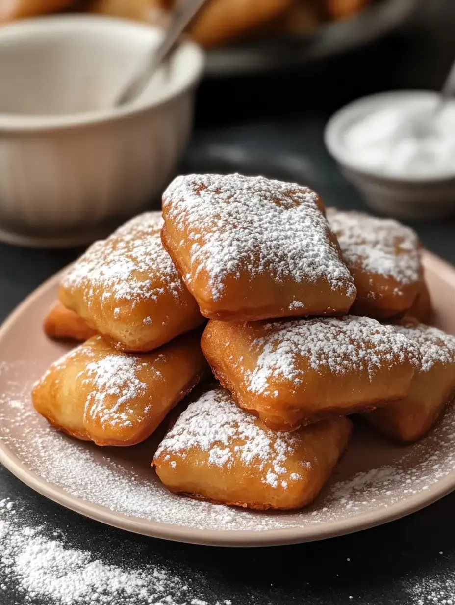 Assiette de beignets dorés, recouverts de sucre glace, empilés et prêts à être partagés.
