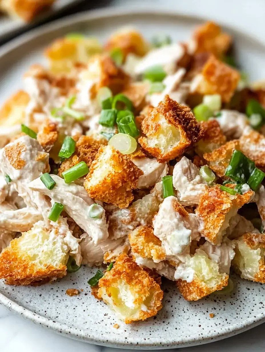 Une assiette de salade de poulet émincé crémeuse garnie de morceaux de pain dorés croustillants et décorée de ciboule.
