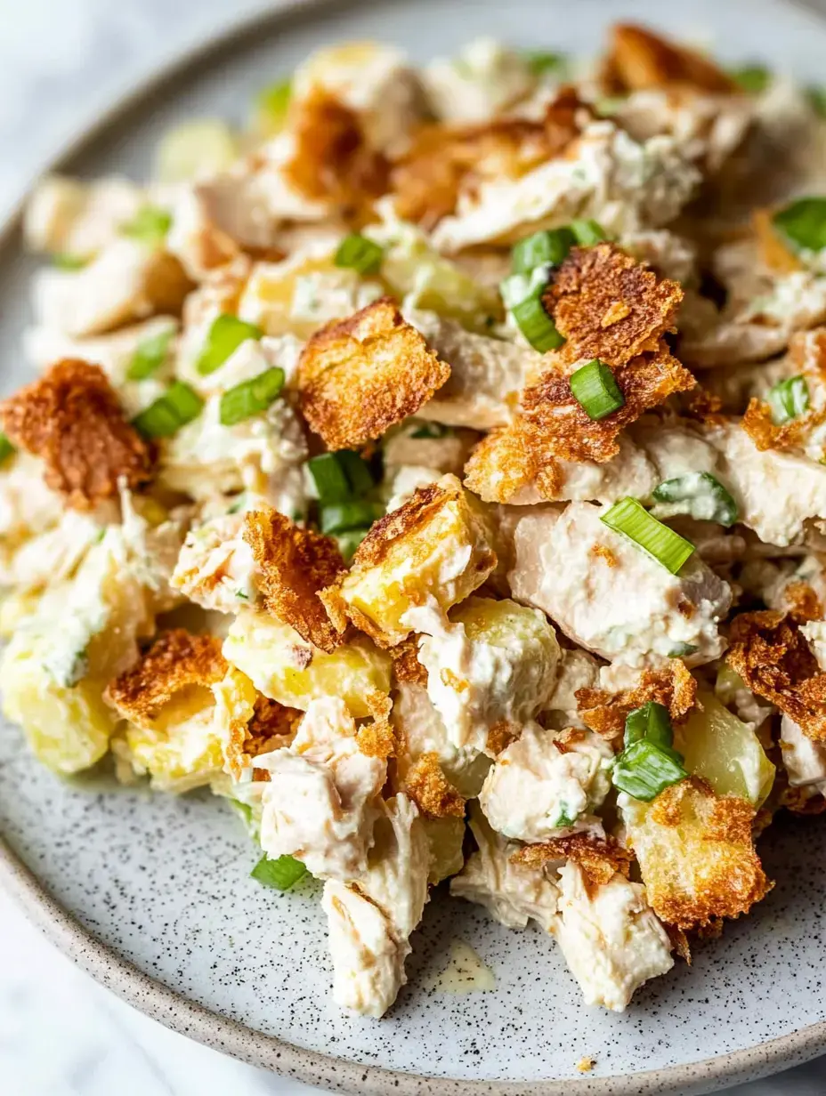 Une vue rapprochée d'une assiette de salade de poulet crémeuse garnie de morceaux de pain croustillants et décorée de ciboule hachée.