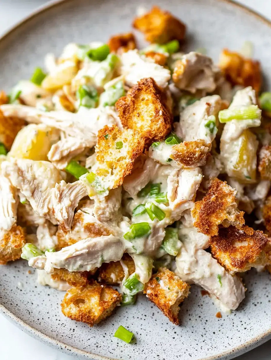 Une assiette de poulet émincé mélangé avec de la ciboule et des cubes de pain grillés, enrobés d'une sauce crémeuse.
