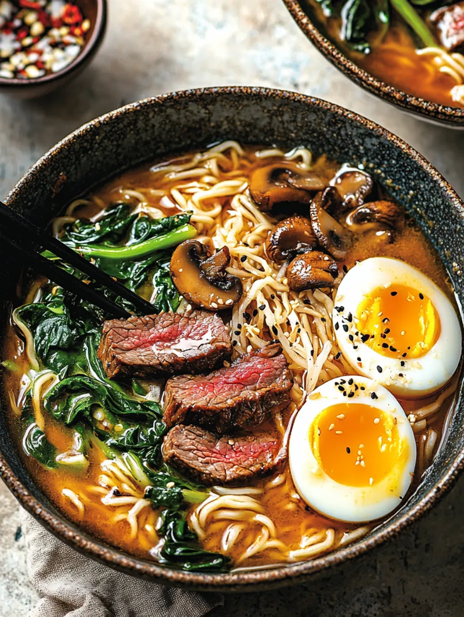 Bol de ramen au bœuf épicé, steak mariné
