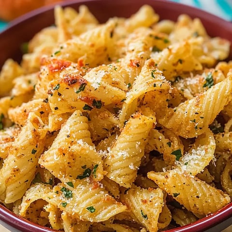 Gros plan sur un bol de fusilli dorés et croquants, garnis d'herbes et de parmesan.