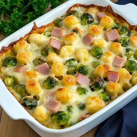 Gratin de gnocchi et chou de Bruxelles au jambon