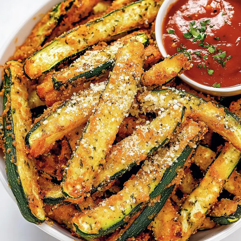 Un bol de frites de courgette croustillantes, accompagné d'une sauce marinara et parsemé de parmesan râpé.