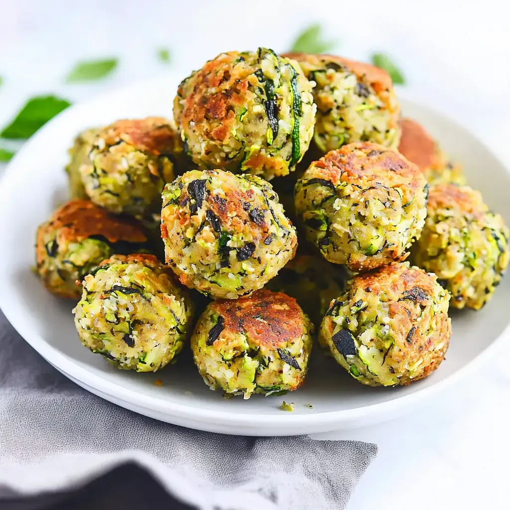 Une assiette de boulettes dorées et croustillantes avec courgette et herbes, joliment empilées.