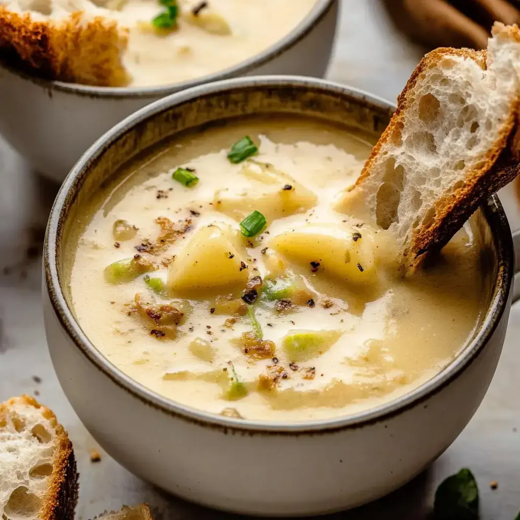 Gros plan d'une soupe crémeuse avec pommes de terre et oignons verts, accompagnée d'une tranche de pain grillé pour tremper.