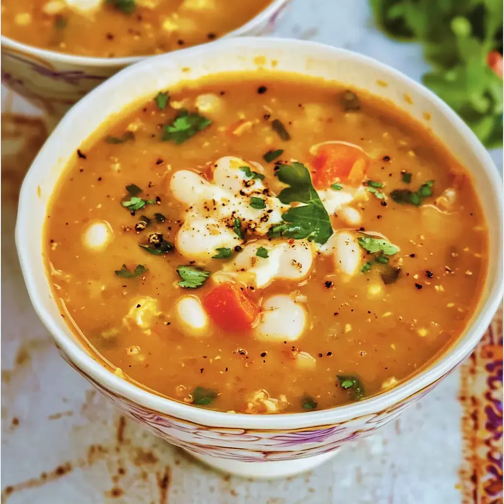 Un gros plan sur des bols de soupe garnis de haricots blancs, coriandre hachée et dés de carottes.