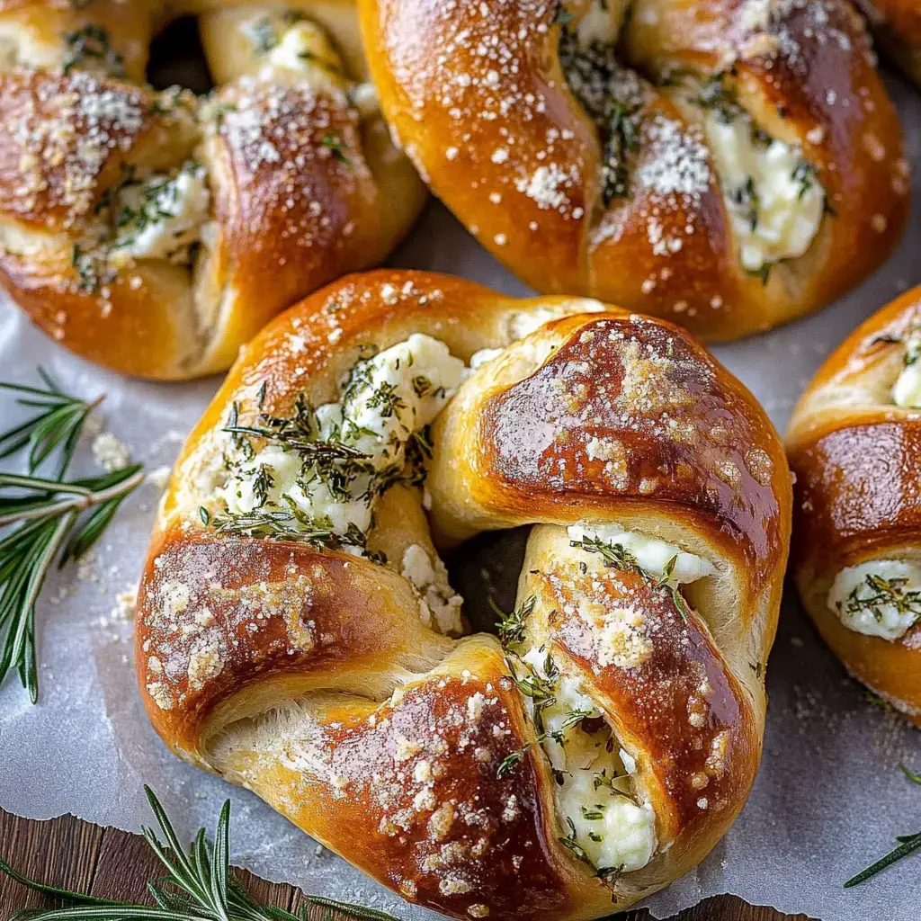 Gros plan sur des pretzels fraîchement cuits, garnis de fromage et d'herbes, présentés sur une surface en bois.