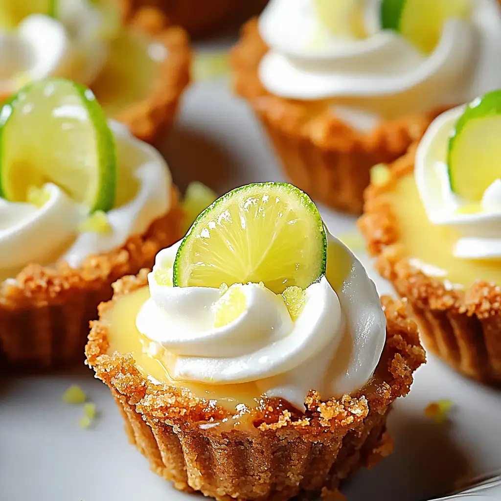 Zoom sur des tartelettes citron vert décorées de crème fouettée et rondelles de citron.
