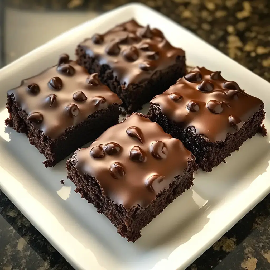 Une assiette de quatre brownies au chocolat recouverts de glaçage brillant et de pépites de chocolat.