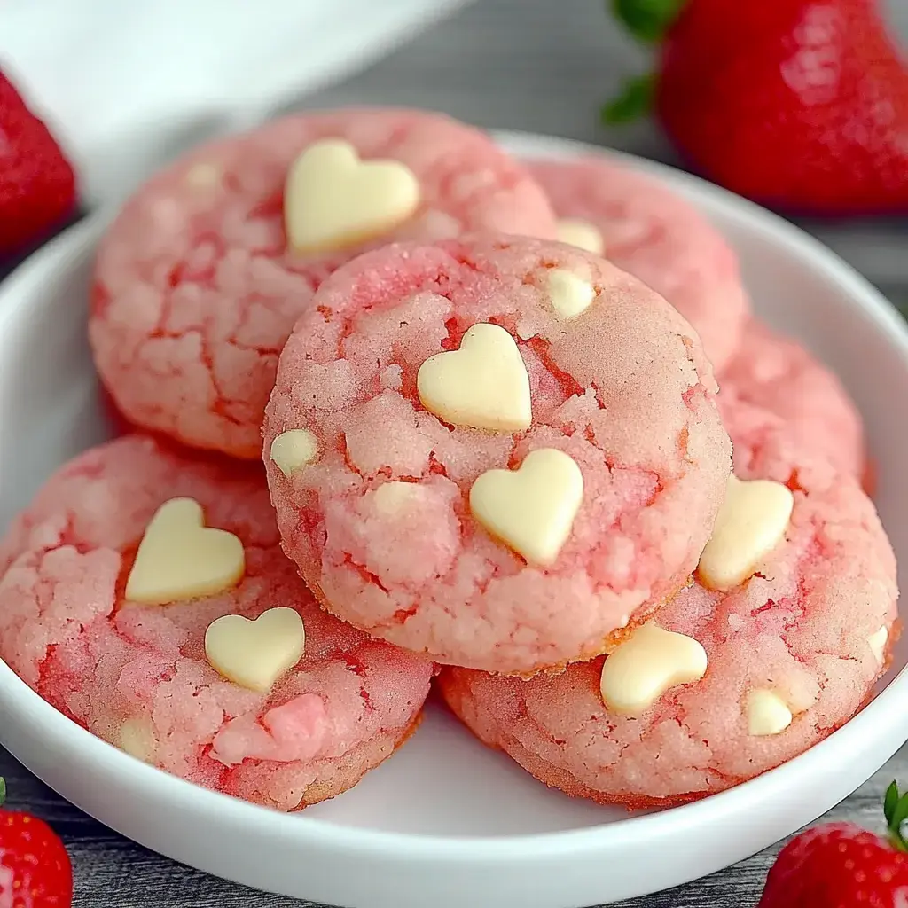 Une assiette de biscuits roses en forme de cœur aux pépites de chocolat blanc, entourée de fraises fraîches.