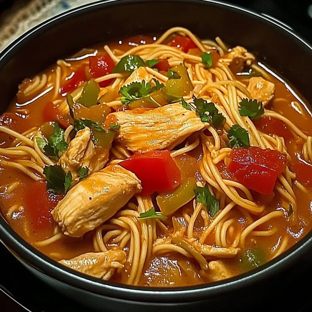 Un bol de soupe de nouilles avec poulet effiloché, poivrons colorés, tomates et coriandre fraîche.