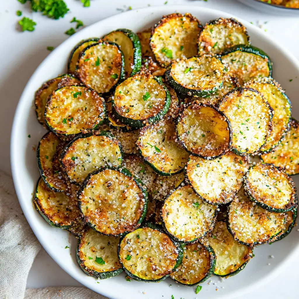 Une assiette de chips de courgettes dorées et croustillantes, garnies de fromage râpé et persil.