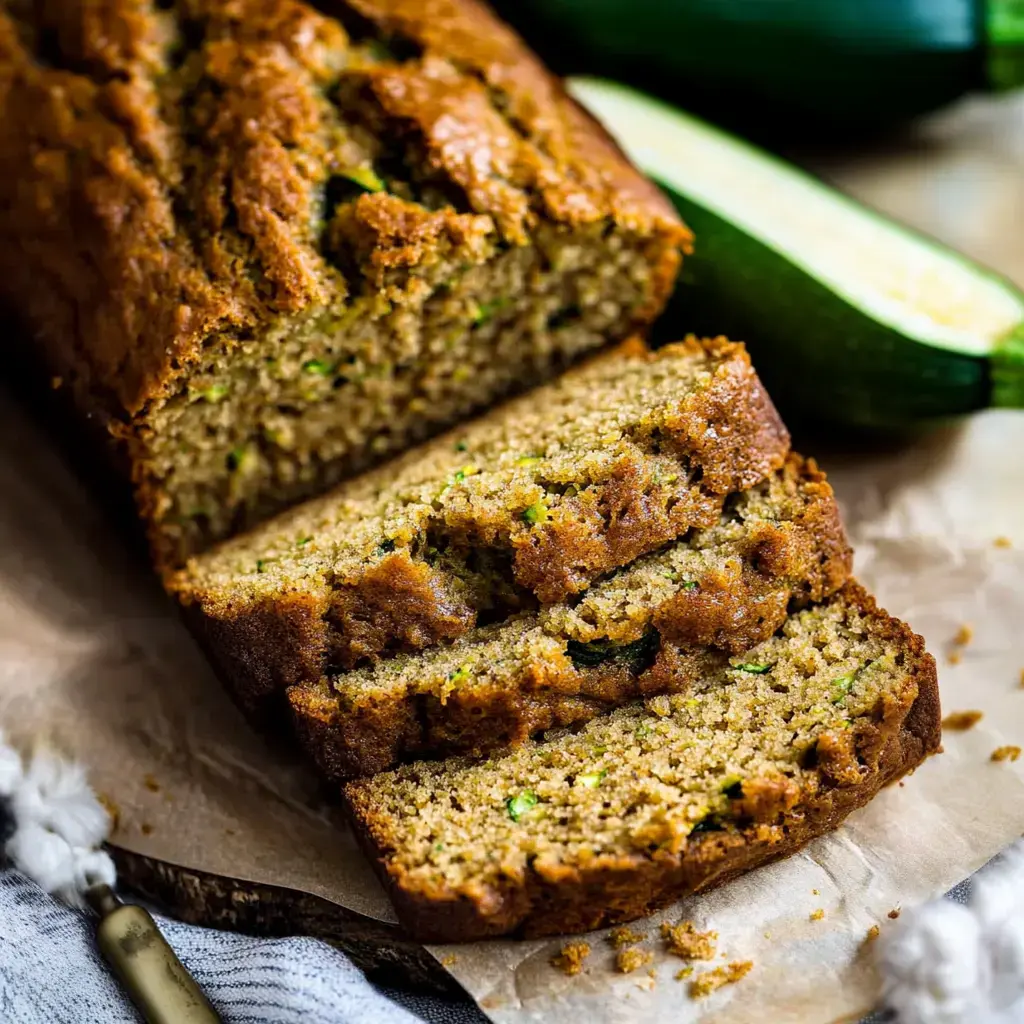 Un pain de courgettes tout juste sorti du four, coupé en tranches sur une surface boisée, avec une courgette entière et une coupée en arrière-plan.