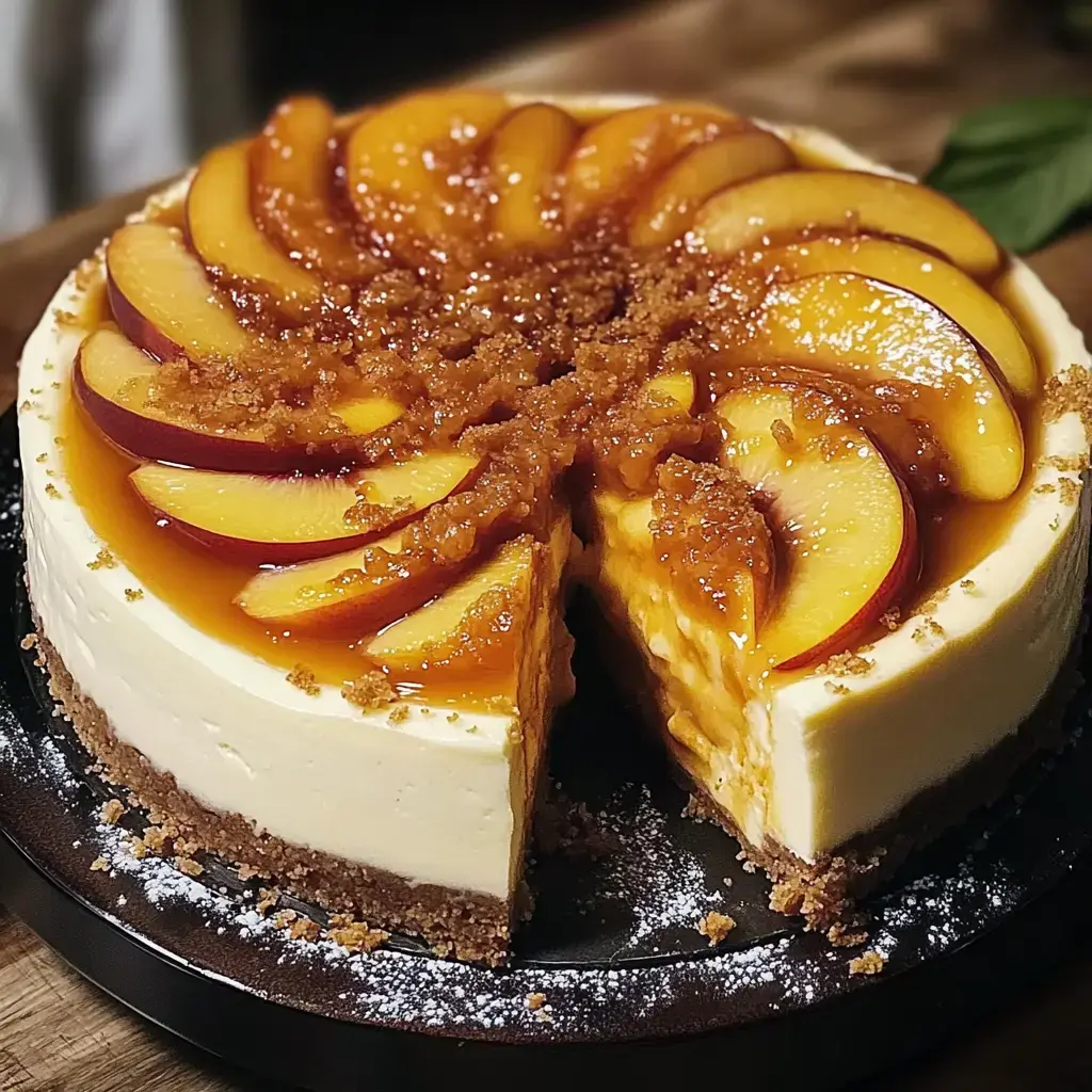 Cheesecake crémeux avec pêches caramélisées, sucre brun et une part découpée sur une assiette foncée.