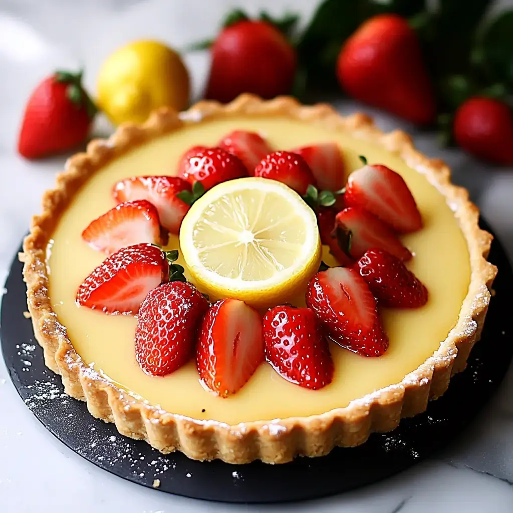 Une élégante tarte au citron garnie de fraises fraîches et d'une rondelle de citron, entourée de fraises sur un plan de travail en marbre.