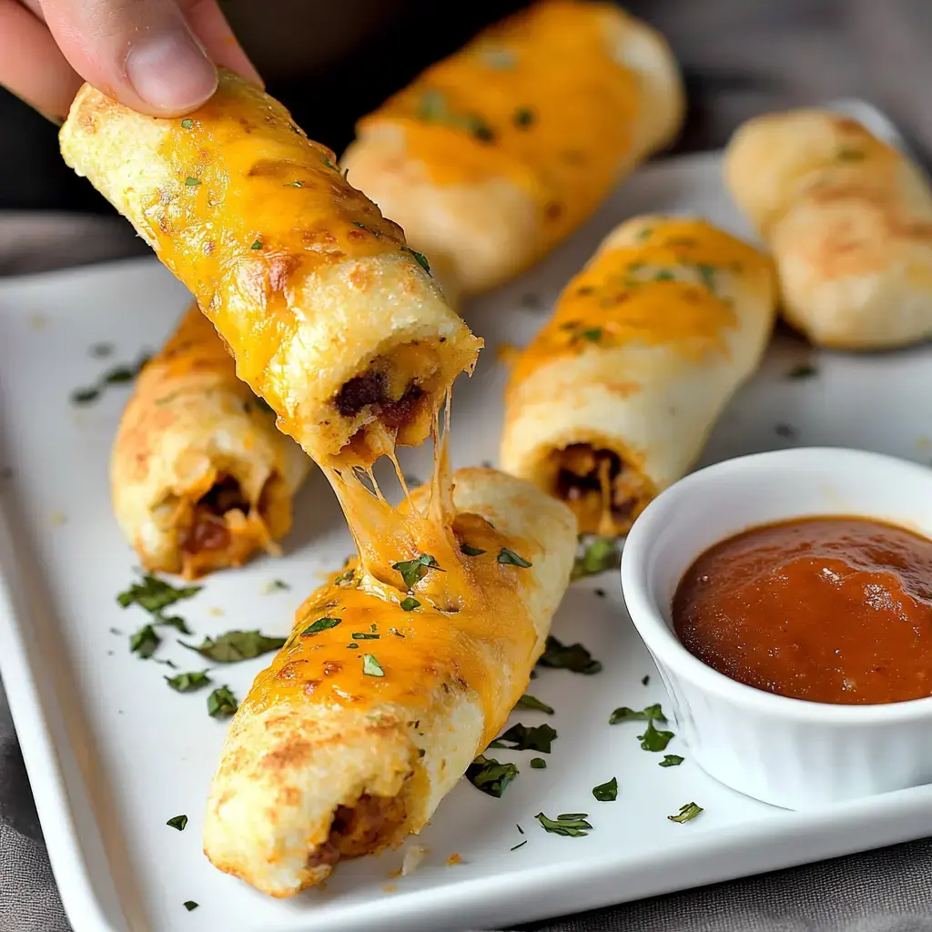 Une main soulève un bâtonnet garni de fromage fondant, accompagné d'autres bâtonnets et d'un petit bol de sauce.