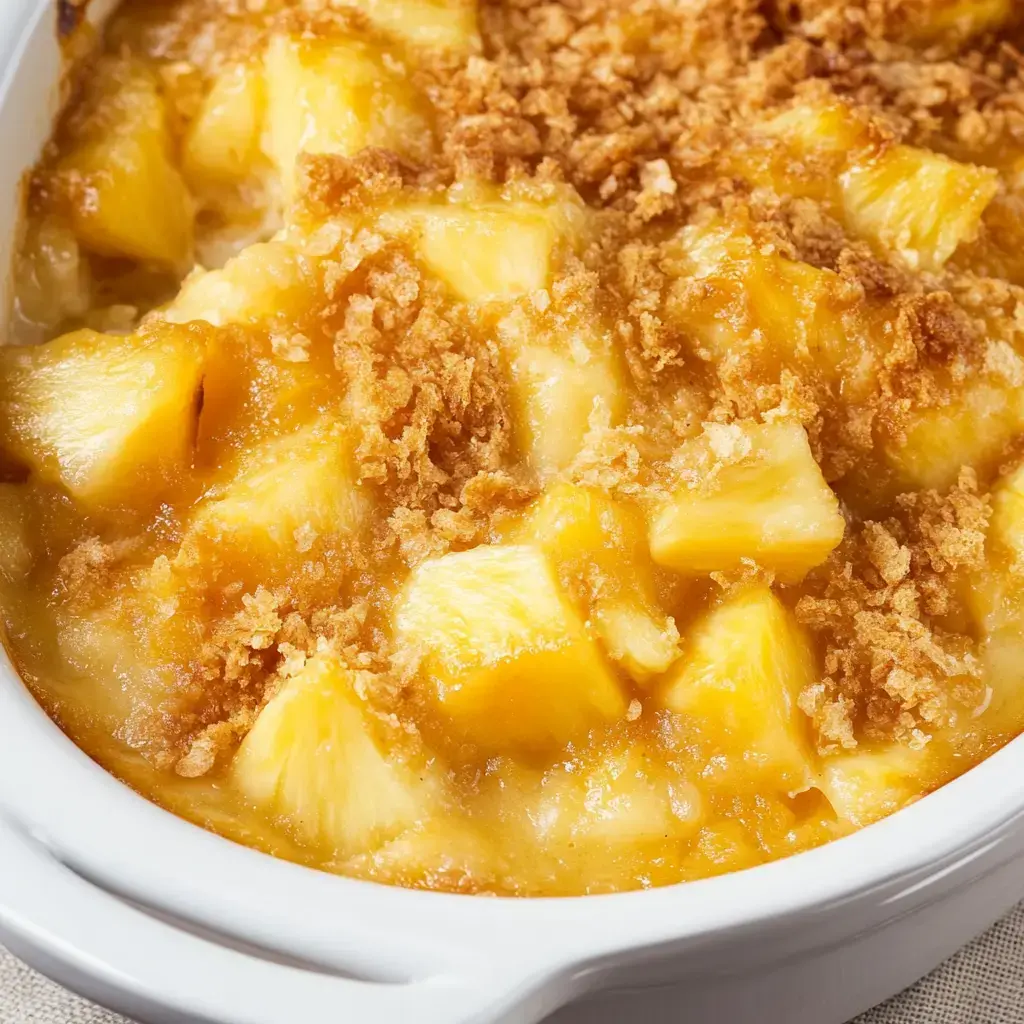 Vue rapprochée d’un gratin d’ananas doré et croquant.