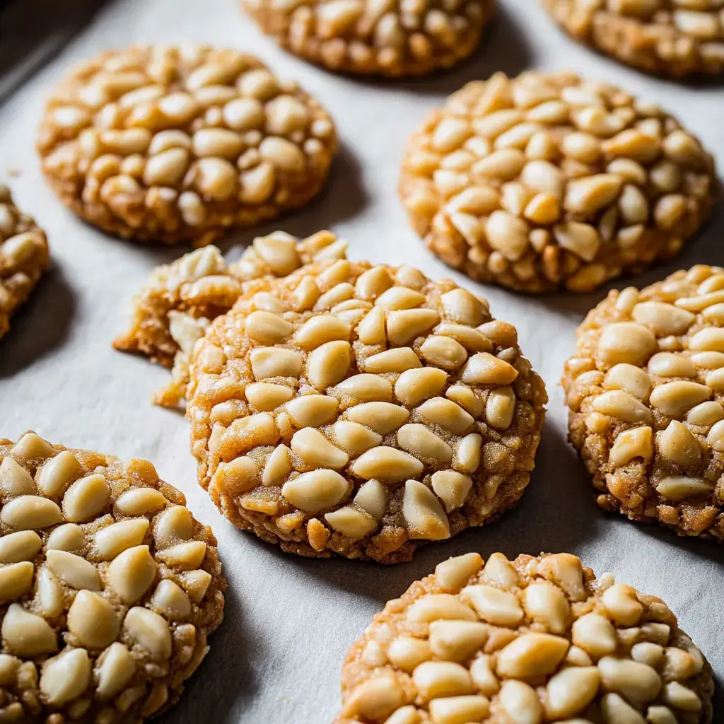 Gros plan sur des biscuits ronds garnis de pignons, arrangés sur une plaque de cuisson recouverte de papier parchemin.