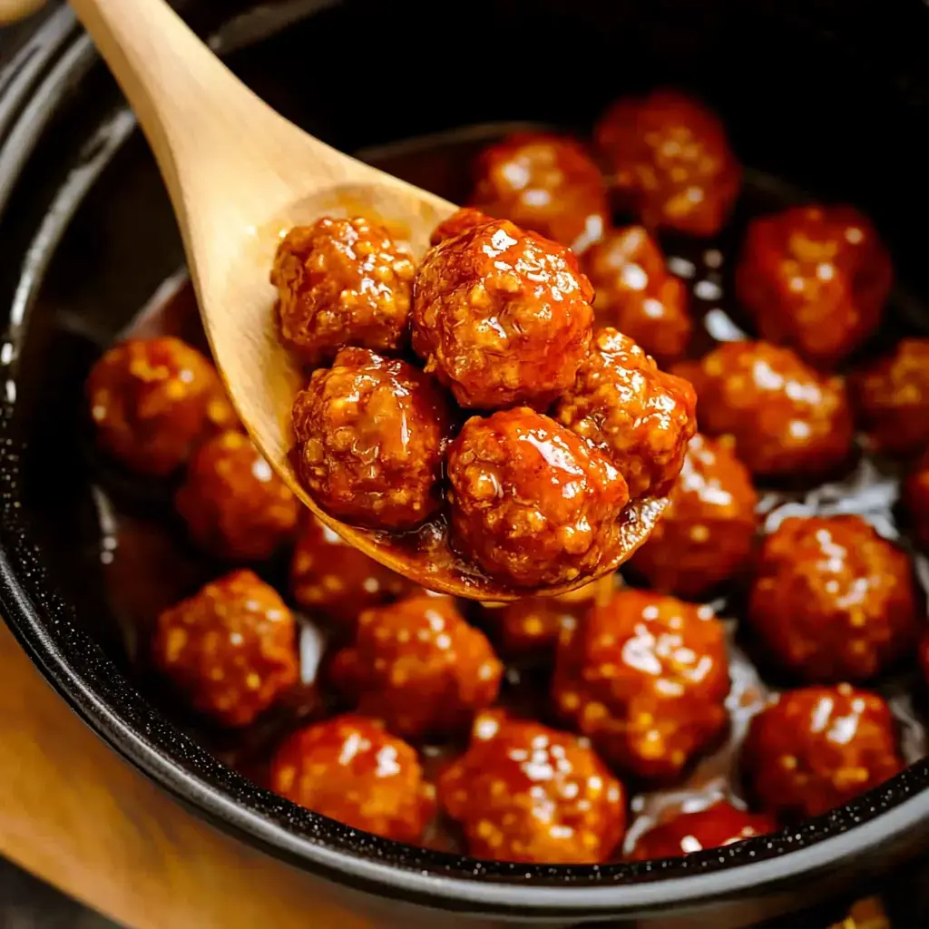 Une cuillère en bois tenant quelques boulettes nappées de sauce, au-dessus d'une marmite pleine de boulettes.