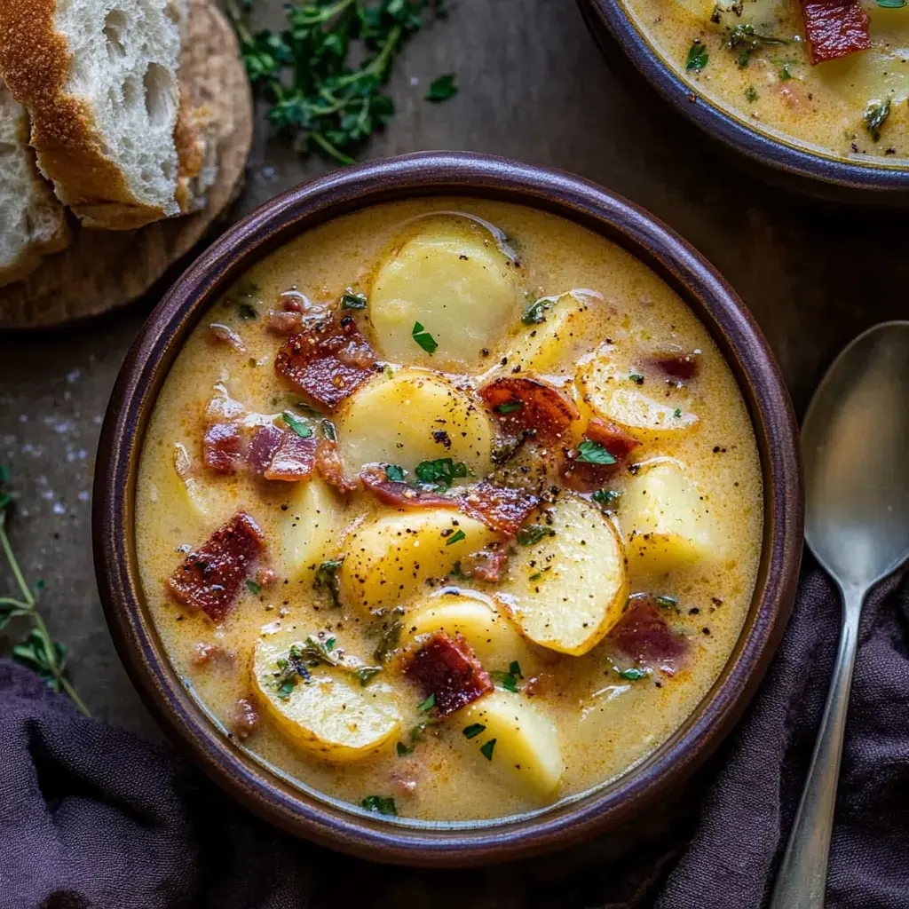 Un bol de soupe crémeuse aux pommes de terre avec morceaux de bacon, décoré d'herbes, accompagné d'une tranche de pain.