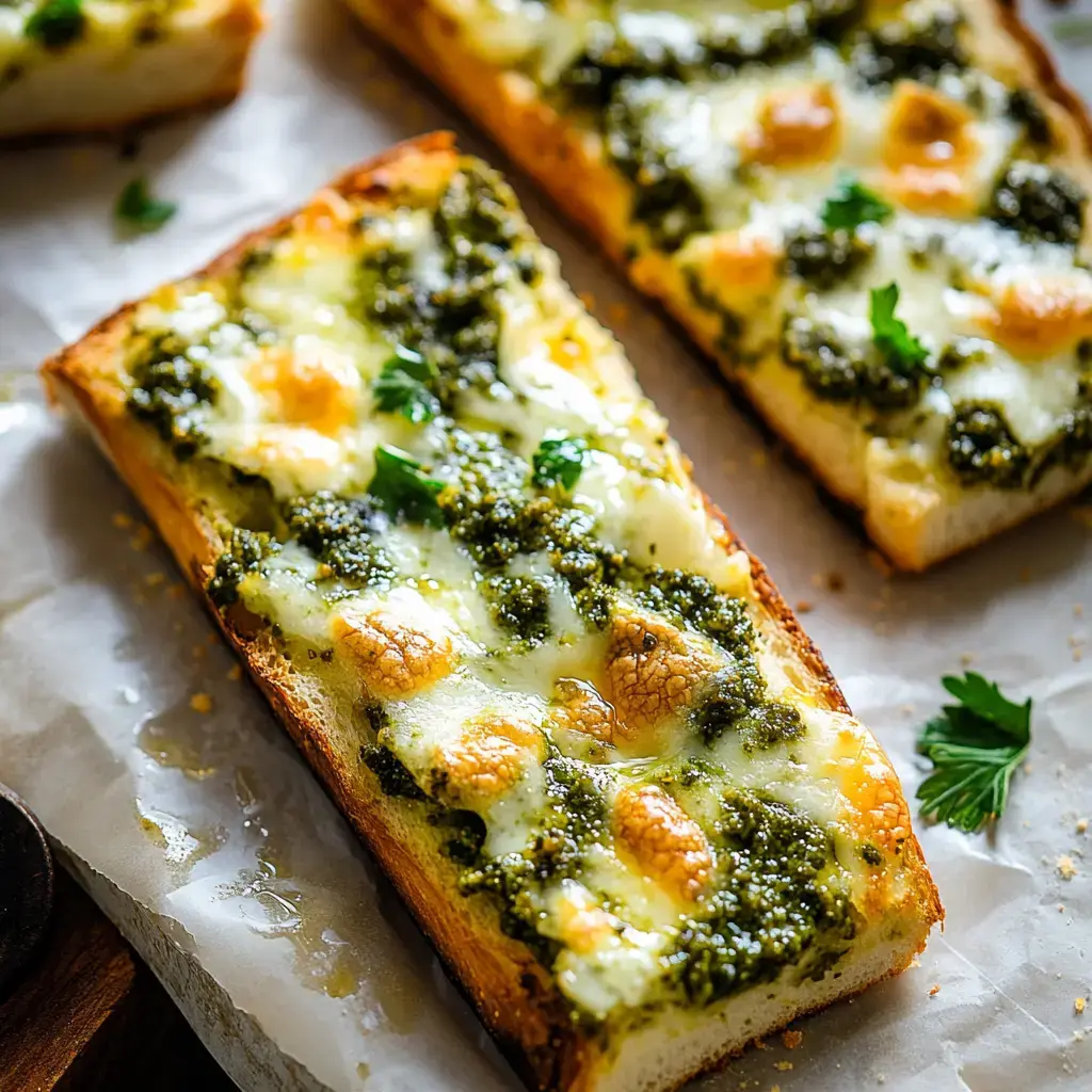 Un gros plan de tranches de pain à l'ail, fromage et pesto, décorées de persil, sur du papier sulfurisé.