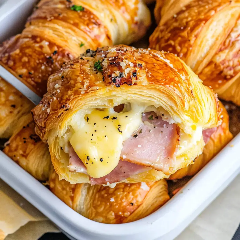 Un gros plan d'un croissant croustillant au fromage fondu et jambon, entouré de plusieurs autres dans un plat blanc.