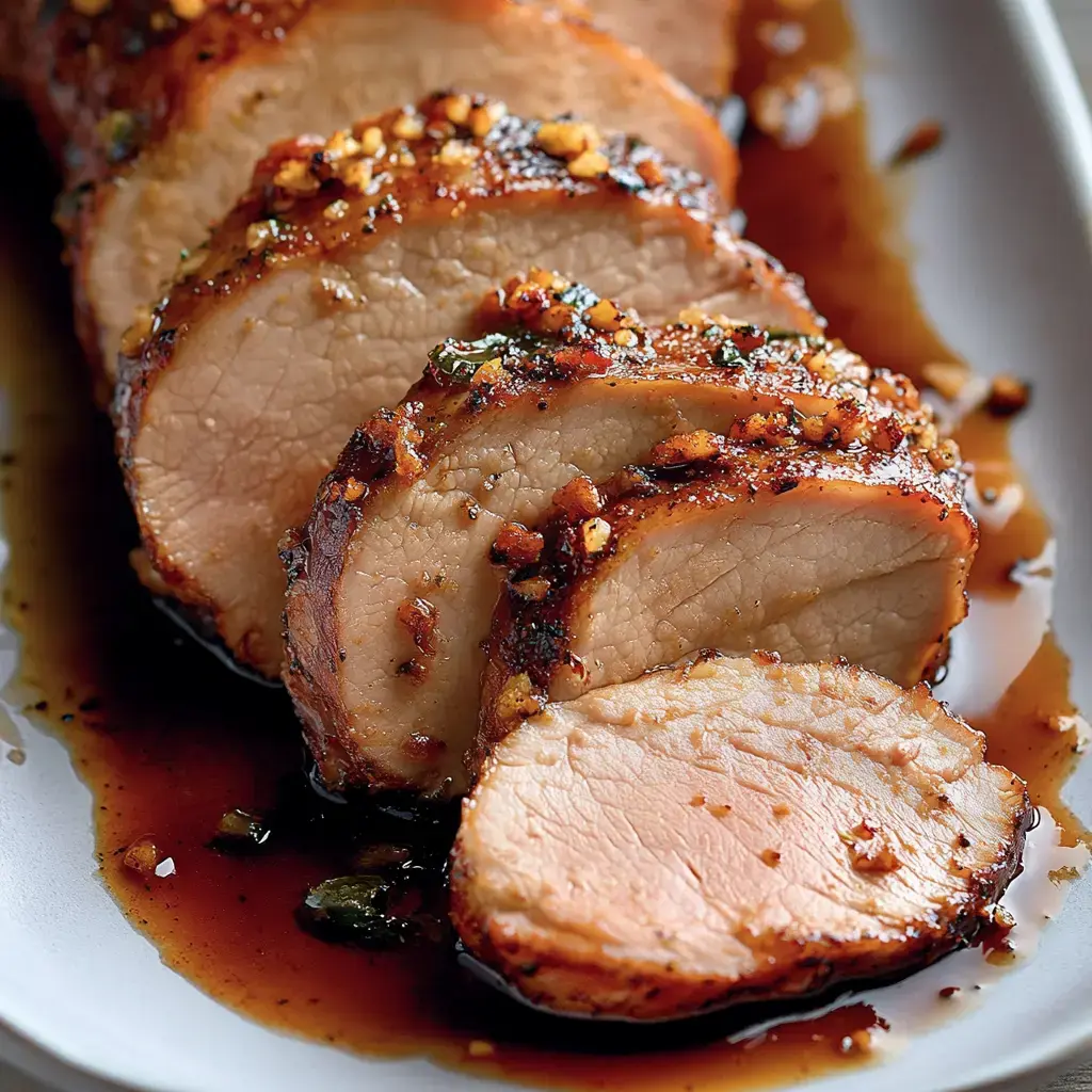 Gros plan sur du filet de porc tranché, nappé de sauce et parsemé de petites touches d'ail émincé.