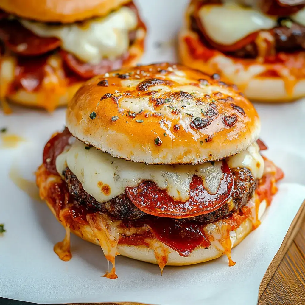 Un gros plan d'un burger gratiné garni de pepperoni sur un pain toasté, fromage fondu et sauce dégoulinant.