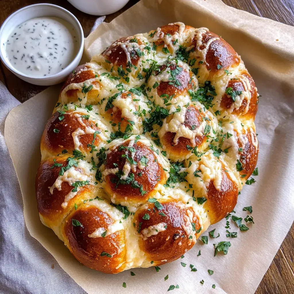 Un plat de petits pains fromage-herbes tout juste sortis du four, nappés de beurre fondu et décorés de persil haché, accompagnés d'une sauce crémeuse.