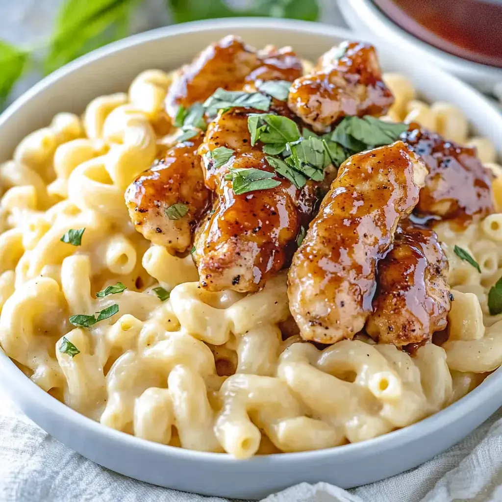 Un bol de pâtes crémeuses au fromage, surmonté de filets de poulet grillés nappés de sauce brillante et décoré d'herbes fraîches.