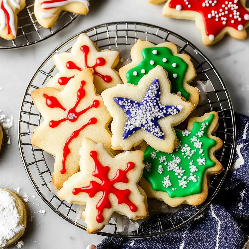 Un assortiment festif de biscuits de Noël décorés, en forme d'étoiles et de flocons, décorés de glaçages rouge, bleu, vert et blanc, présentés dans un panier en fil métallique.