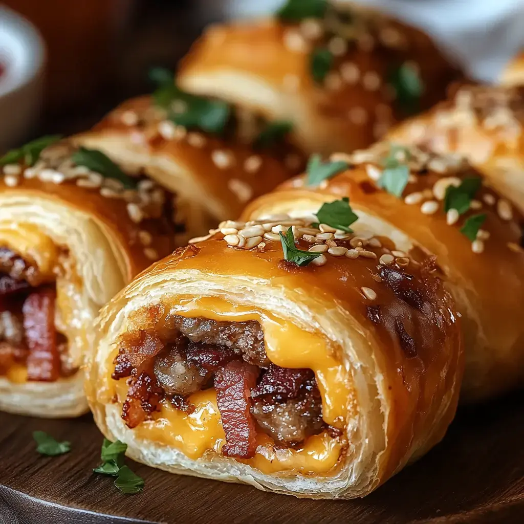 Gros plan sur des roulés de pâte dorée garnis de fromage, lardons et viande, parsemés de graines de sésame et d’herbes.