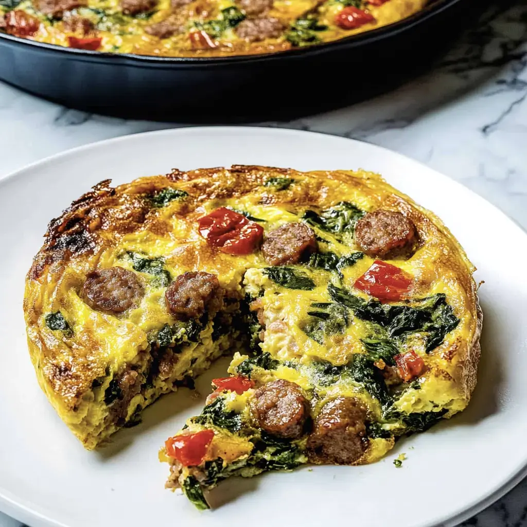 Une tranche de frittata avec épinards, tomates et saucisse, servie sur une assiette blanche avec le plat entier en arrière-plan.