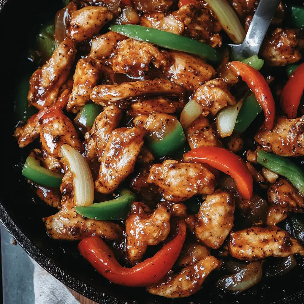 Gros plan de morceaux de poulet sautés mélangés à des poivrons rouges et verts, enrobés d'une sauce brune brillante.