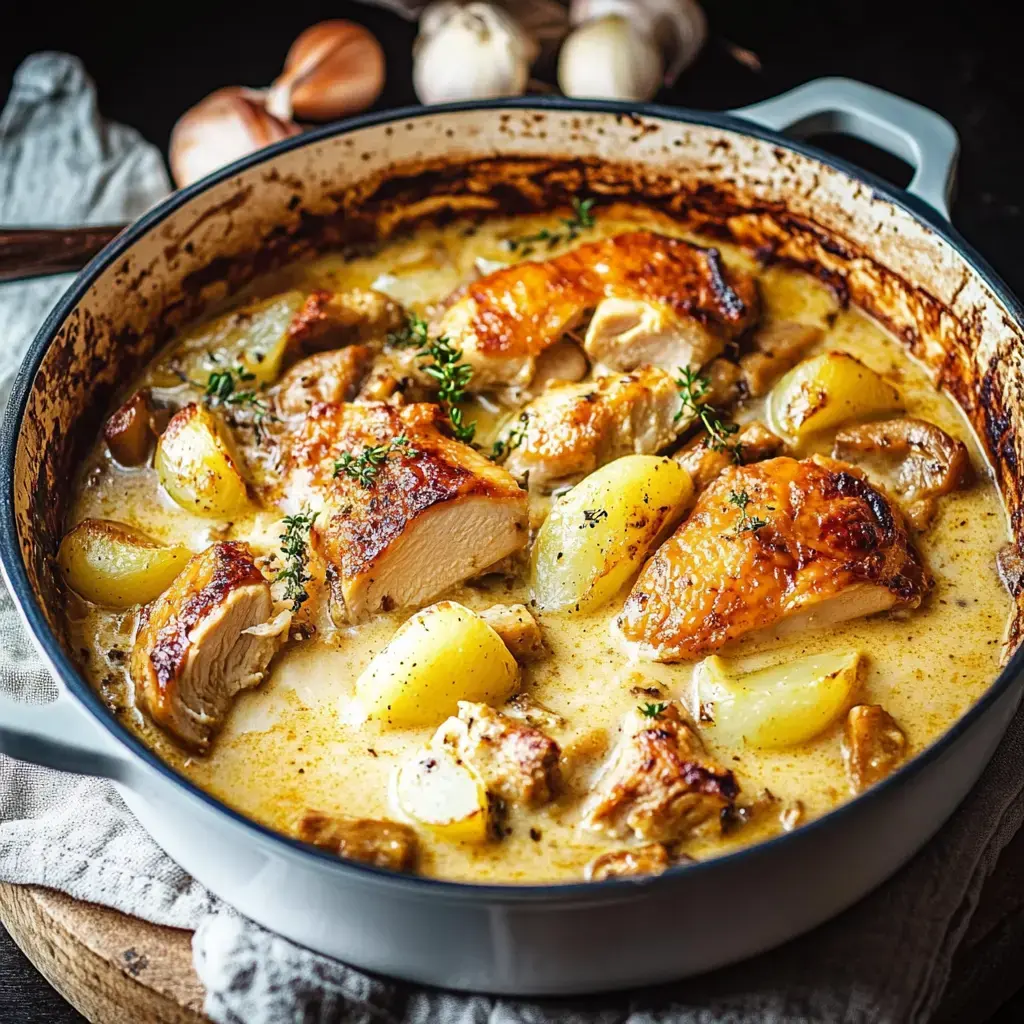 Un plat généreux avec des morceaux de poulet rôti et des pommes de terre dans une sauce crémeuse, garni de thym, présenté dans une casserole.
