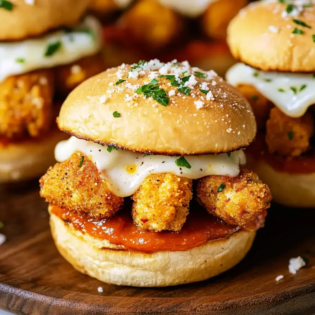 Zoom sur un sandwich délicieux avec poulet croustillant, sauce tomate, mozzarella, et persil, servi dans un pain moelleux.