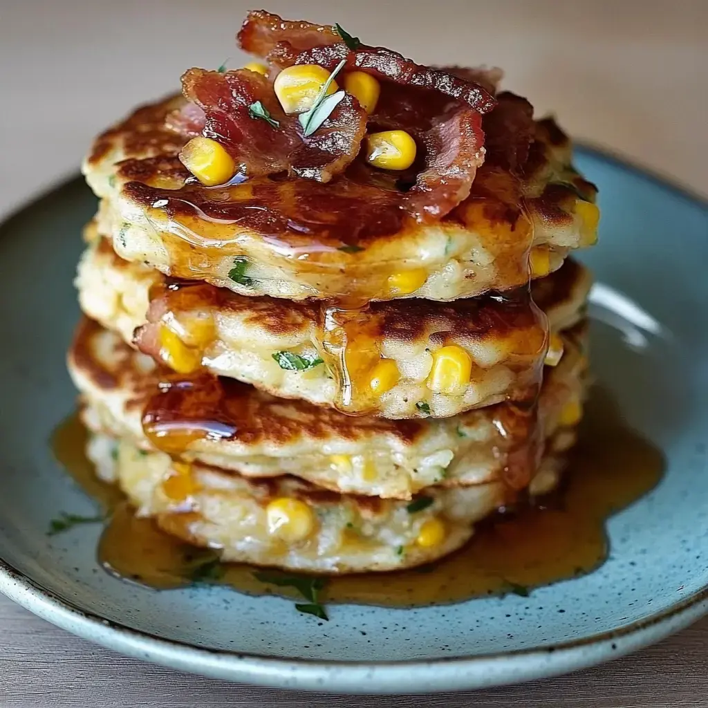 Un empilement de galettes dorées au maïs surmontées de bacon croustillant et arrosées de sirop, servi sur une assiette bleue.