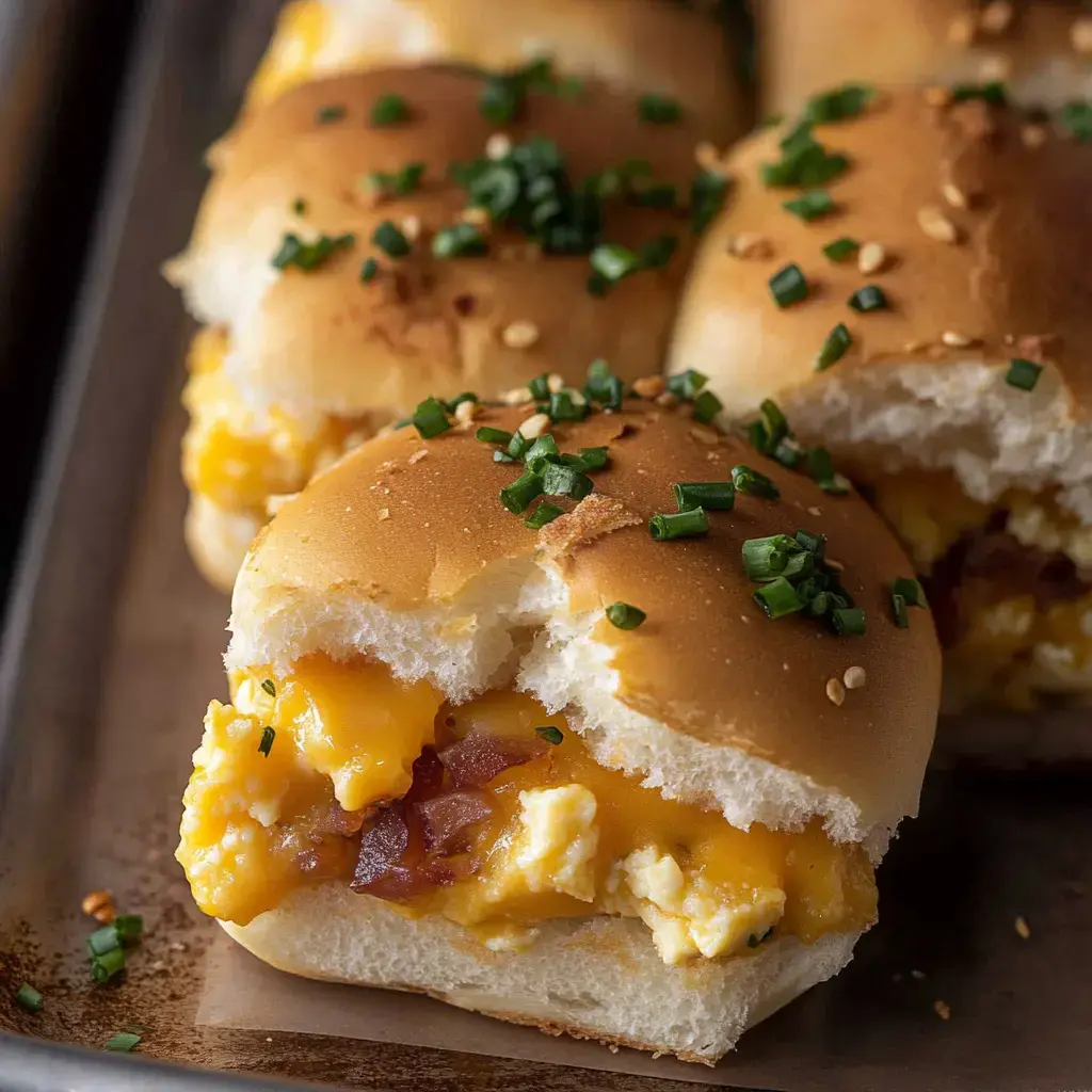 Gros plan sur un slider savoureux avec fromage fondu, œufs brouillés et morceaux de bacon, décoré de ciboulette hachée.